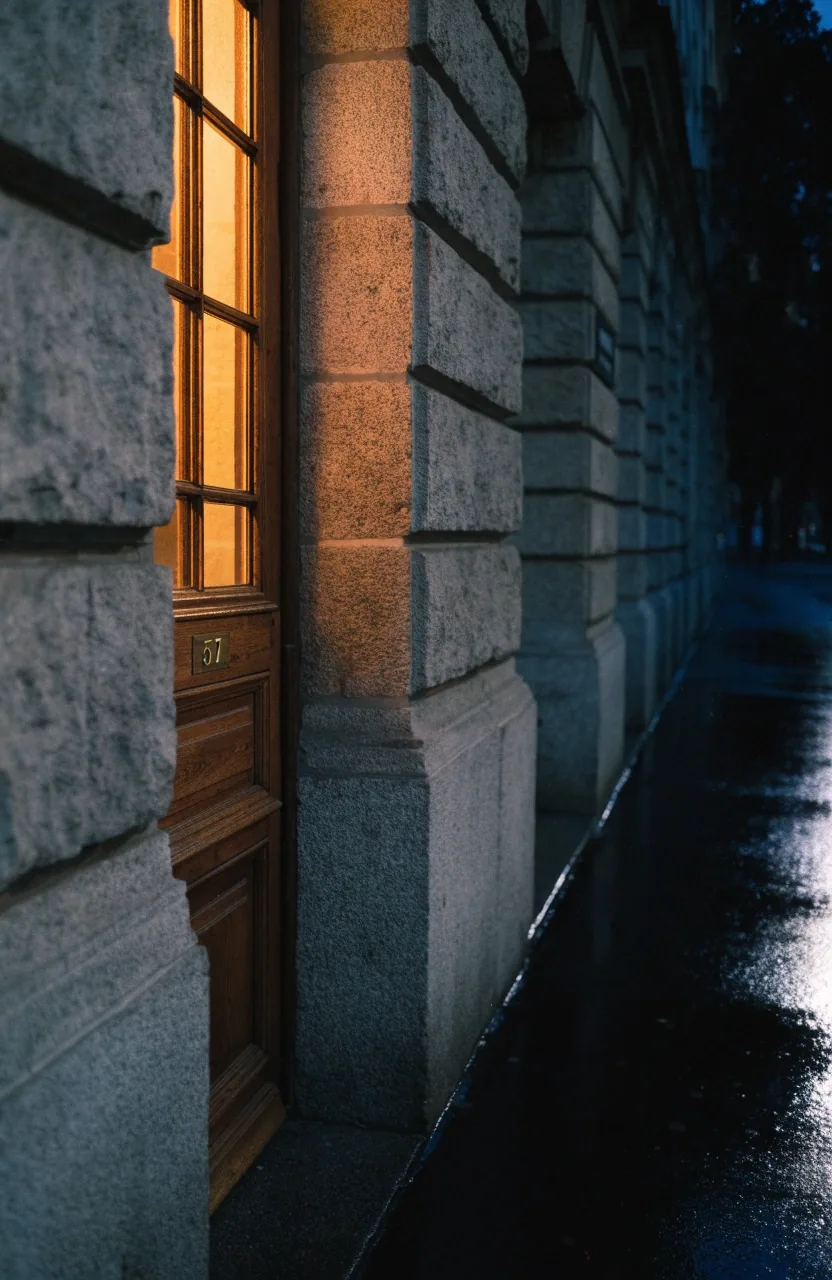 Calle de Madrid de noche, con fachadas de piedra y luces cálidas en la acera mojada