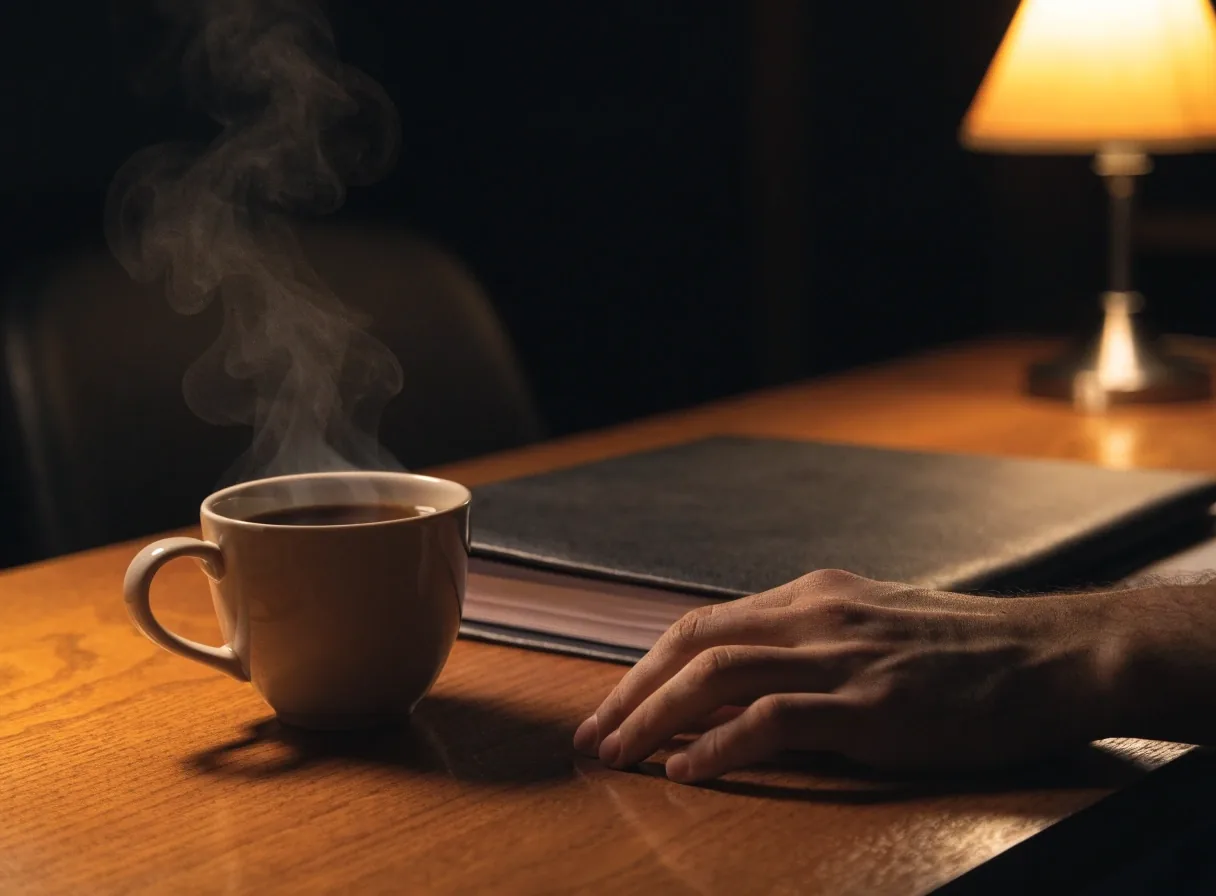 Rincón de lectura nocturno con cuaderno en blanco y taza de café sobre la mesa