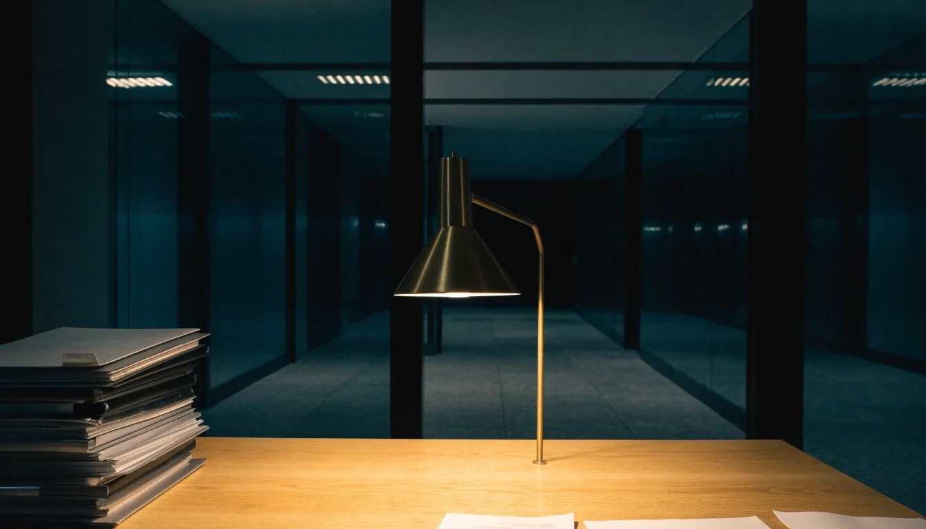Mesa de firma en una notaría de Madrid bajo una sola lámpara cálida, con carpetas cerradas y el resto de la sala en penumbra
