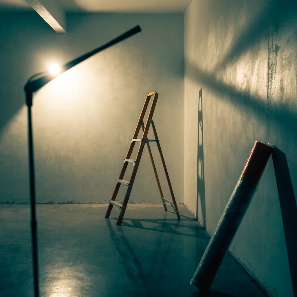 Interior de vivienda en Madrid en obras con luz de trabajo cálida y paredes recién enlucidas