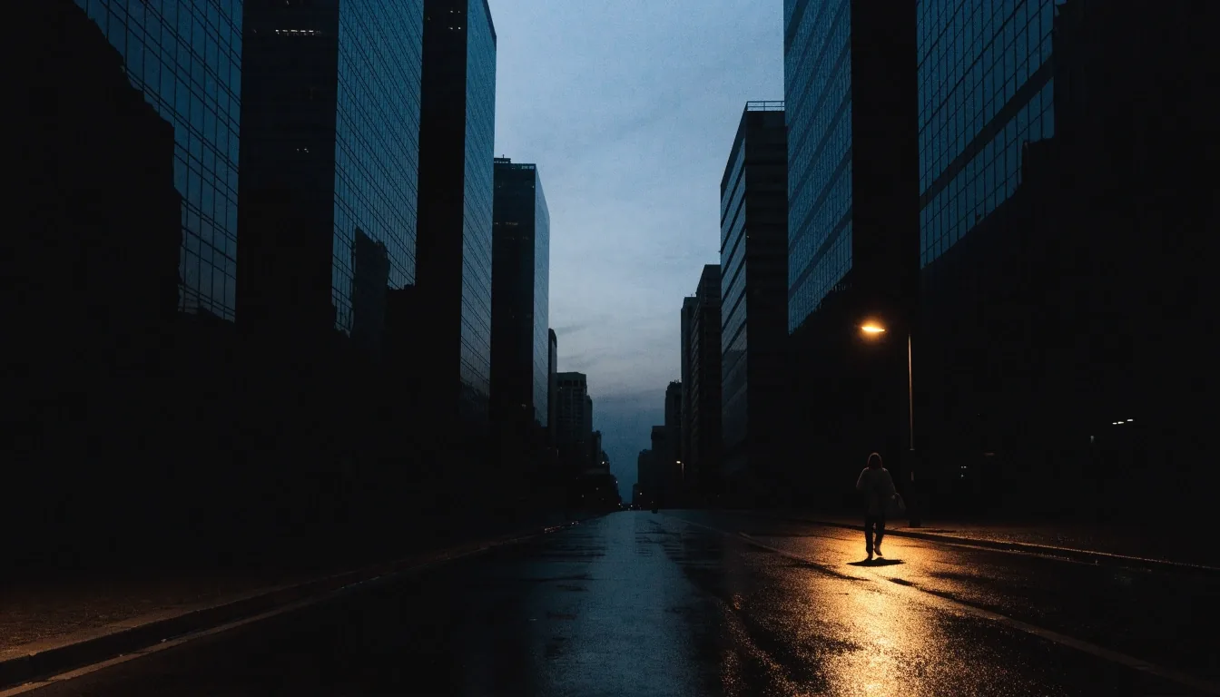 Siluetas de torres de oficinas de Madrid al anochecer desde la calle, con asfalto mojado reflejando luz cálida