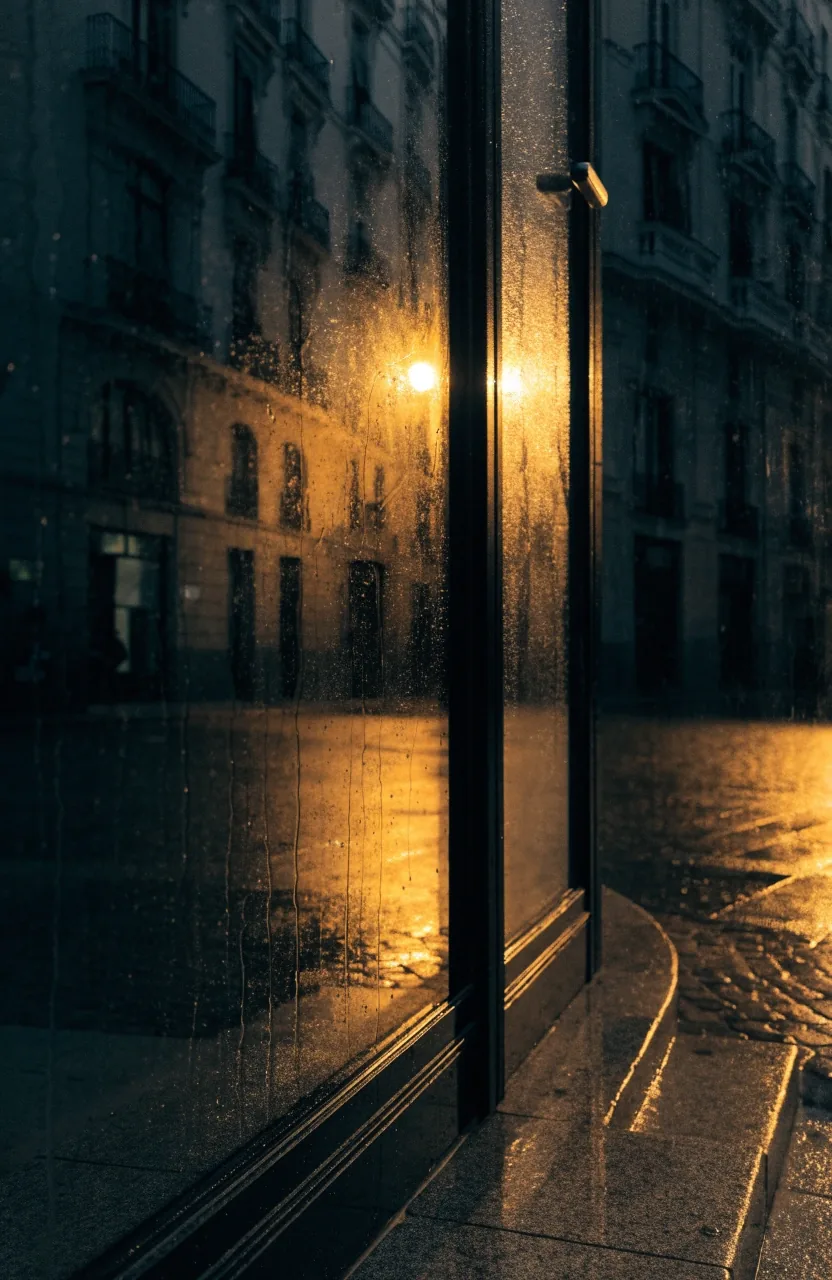 Cristal con lluvia en una puerta de entrada al caer la noche, con reflejos cálidos sobre piedra mojada
