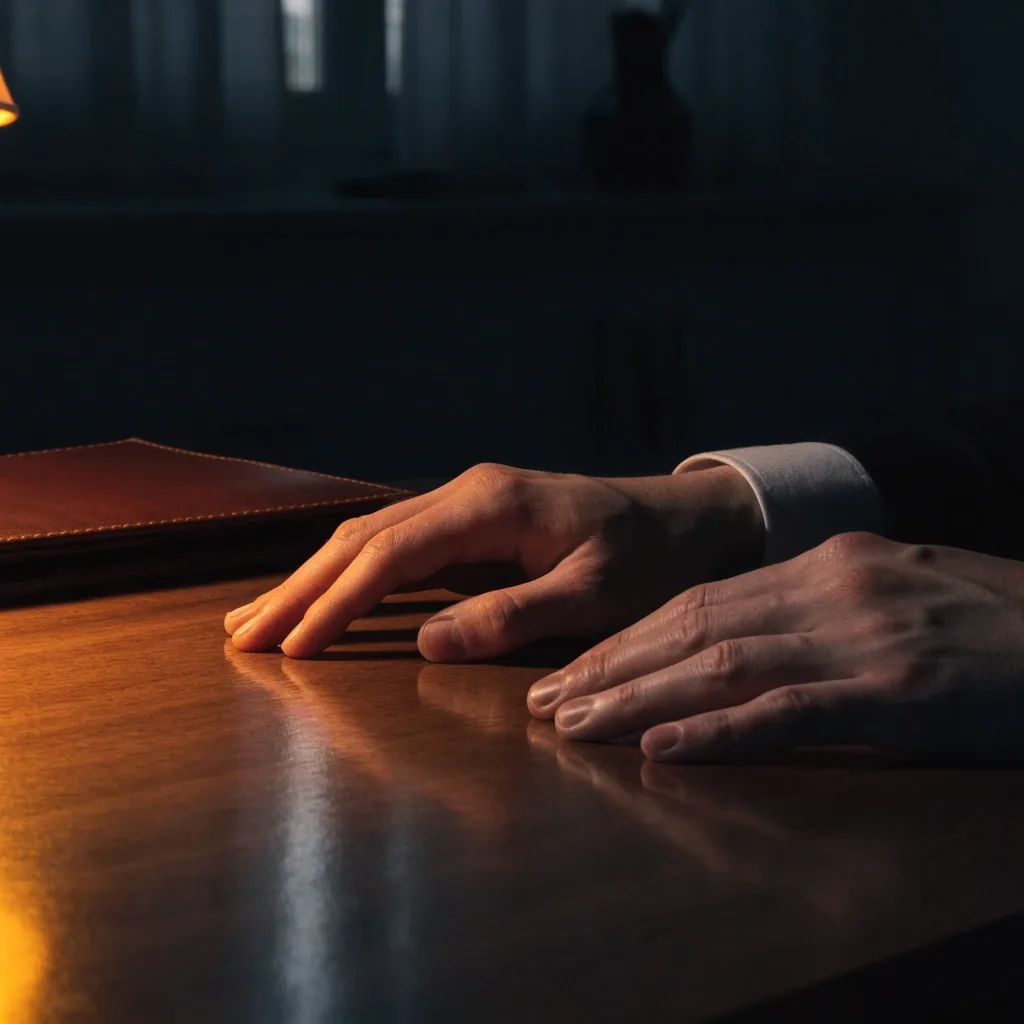 Manos sobre un escritorio de oficina en Madrid, con una carpeta cerrada y una pluma, iluminadas por una sola lámpara cálida